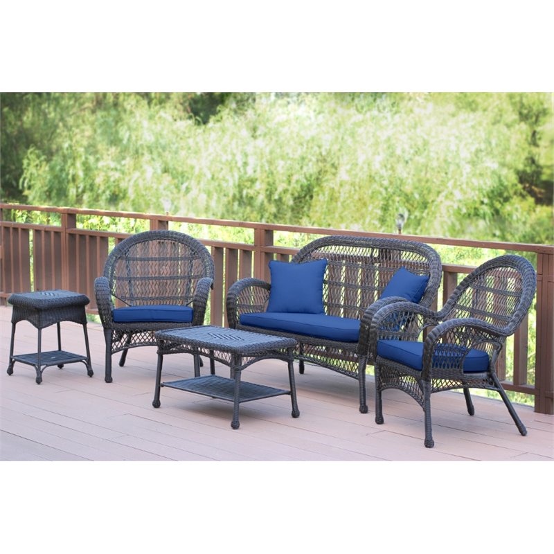 Jeco 5 Piece Wicker Conversation Set in Espresso with Blue Cushions