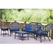 Jeco 5 Piece Wicker Conversation Set in Espresso with Blue Cushions