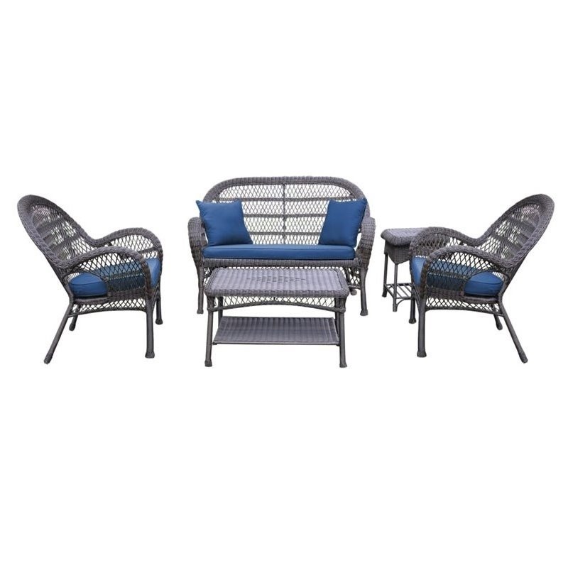Jeco 5 Piece Wicker Conversation Set in Espresso with Blue Cushions