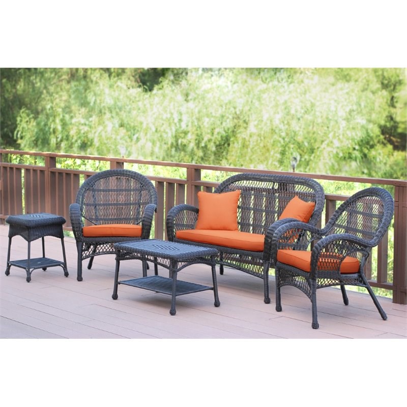 Jeco 5 Piece Wicker Conversation Set in Espresso with Orange Cushions
