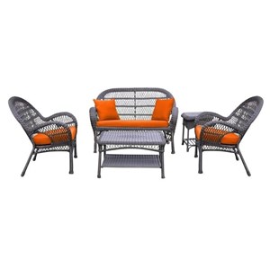Jeco 5 Piece Wicker Conversation Set in Espresso with Orange Cushions