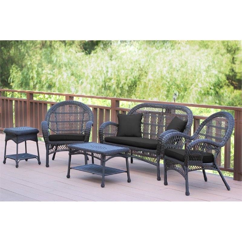Jeco 5 Piece Wicker Conversation Set in Espresso with Black Cushions