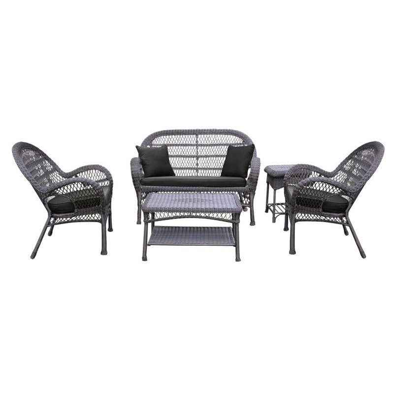 Jeco 5 Piece Wicker Conversation Set in Espresso with Black Cushions