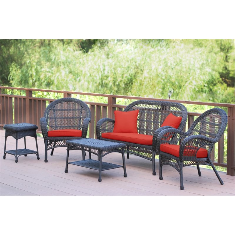 Jeco 5 Piece Wicker Conversation Set in Espresso with Red Cushions