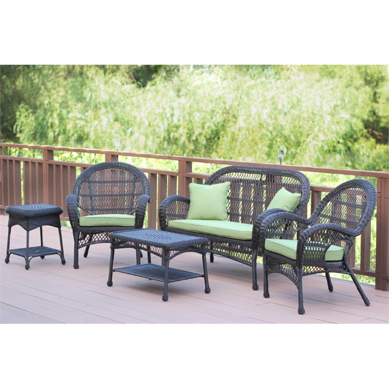Jeco 5 Piece Wicker Conversation Set in Espresso with Green Cushions