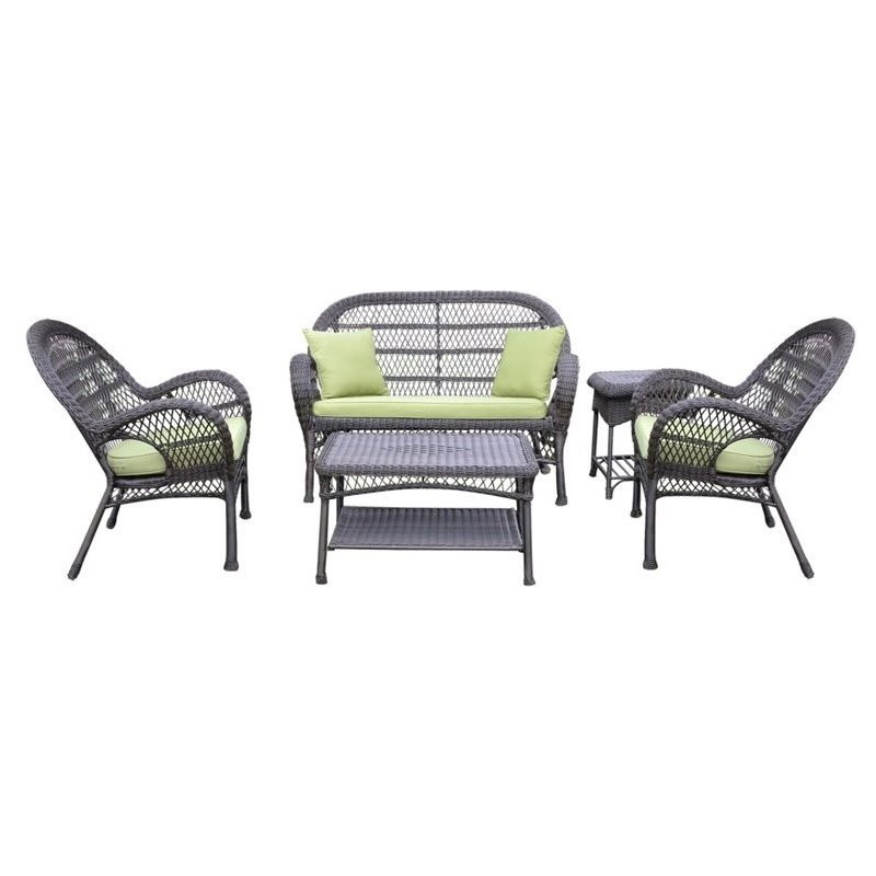 Jeco 5 Piece Wicker Conversation Set in Espresso with Green Cushions