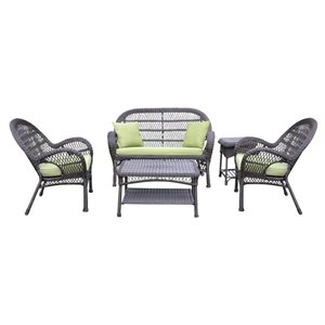 Jeco 5 Piece Wicker Conversation Set in Espresso with Green Cushions