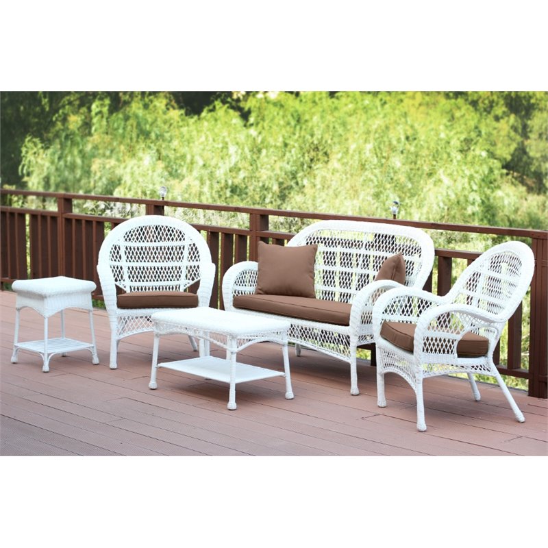Jeco 5 Piece Wicker Conversation Set in White with Brown Cushions