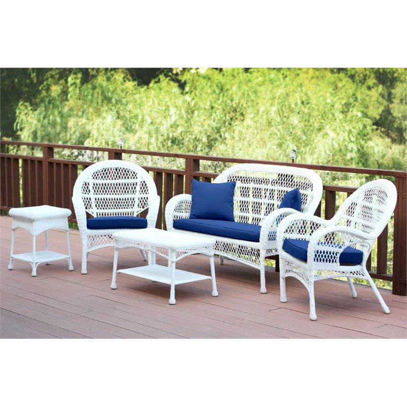 Jeco 5 Piece Wicker Conversation Set in White with Blue Cushions