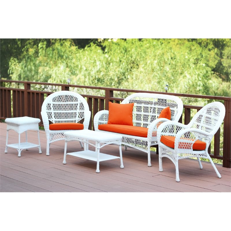Jeco 5 Piece Wicker Conversation Set in White with Orange Cushions