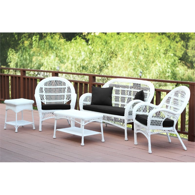 Jeco 5 Piece Wicker Conversation Set in White with Black Cushions