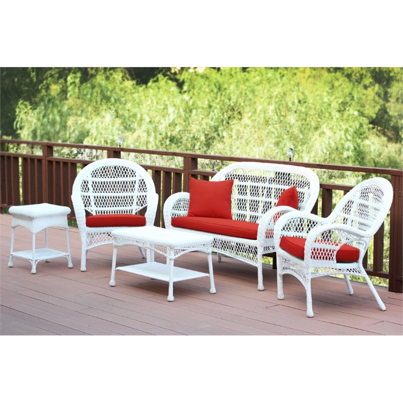 Jeco 5 Piece Wicker Conversation Set in White with Red Cushions