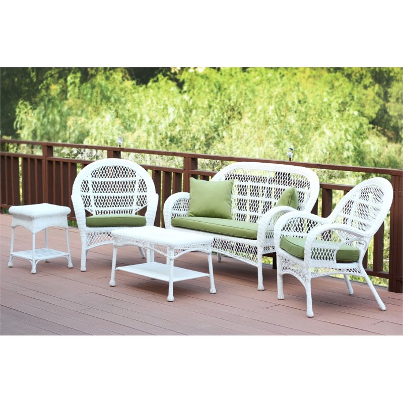 Jeco 5 Piece Wicker Conversation Set in White with Green Cushions