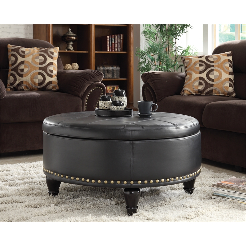 Inspired By Bassett Augusta Storage, Round Leather Ottoman Coffee Table With Storage