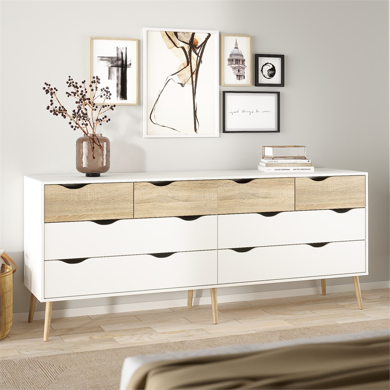 Tvilum Diana Modern Wood 8-Drawer Double Dresser in White and Oak