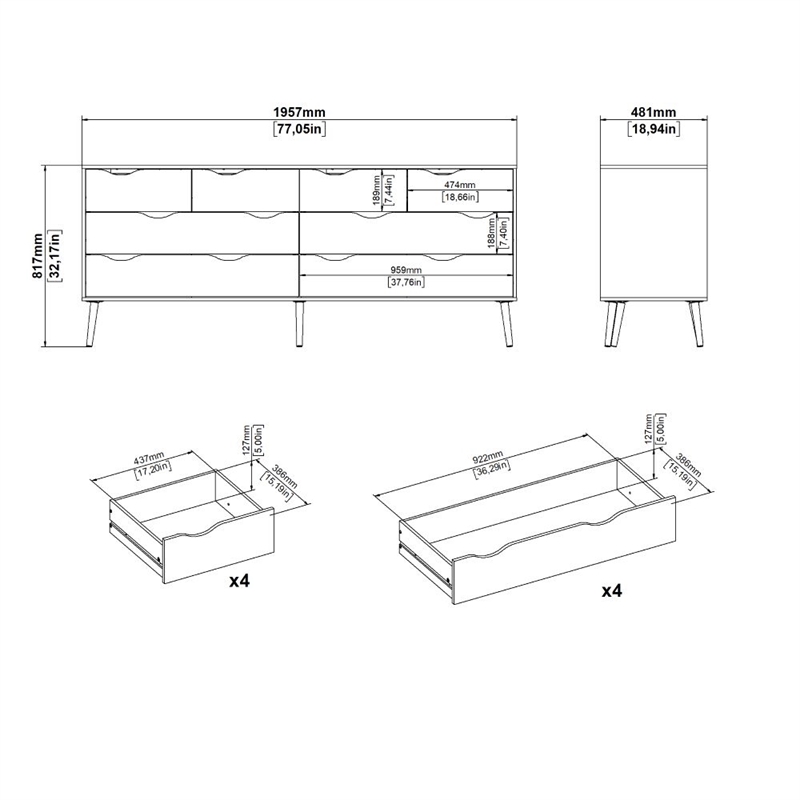 Tvilum Diana Modern Wood 8-Drawer Double Dresser in White and Oak