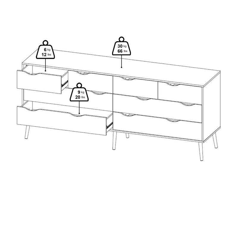 Tvilum Diana Modern Wood 8-Drawer Double Dresser in White and Oak