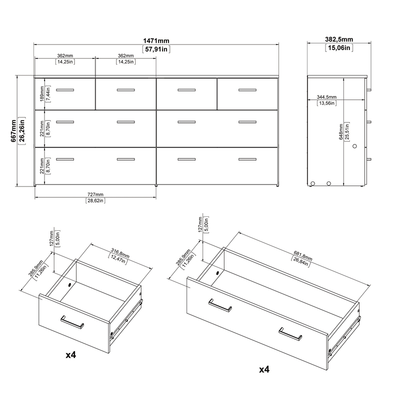 Tvilum Space Low Profile 8 Drawer Double Dresser in Oak Structure & White