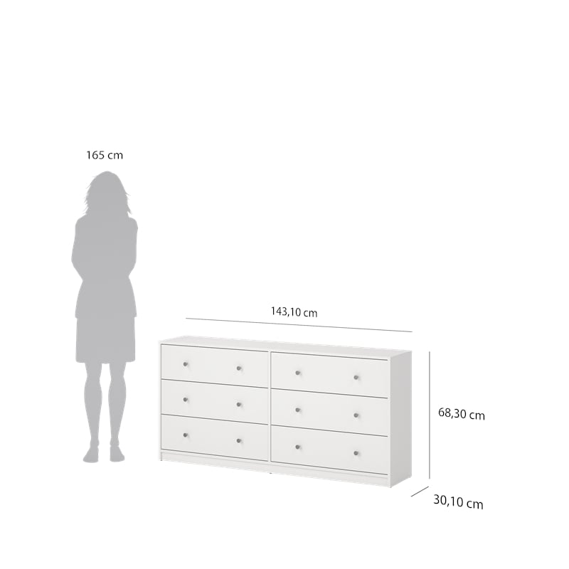 Tvilum Portland Contemporary 6 Drawer Double Dresser in White