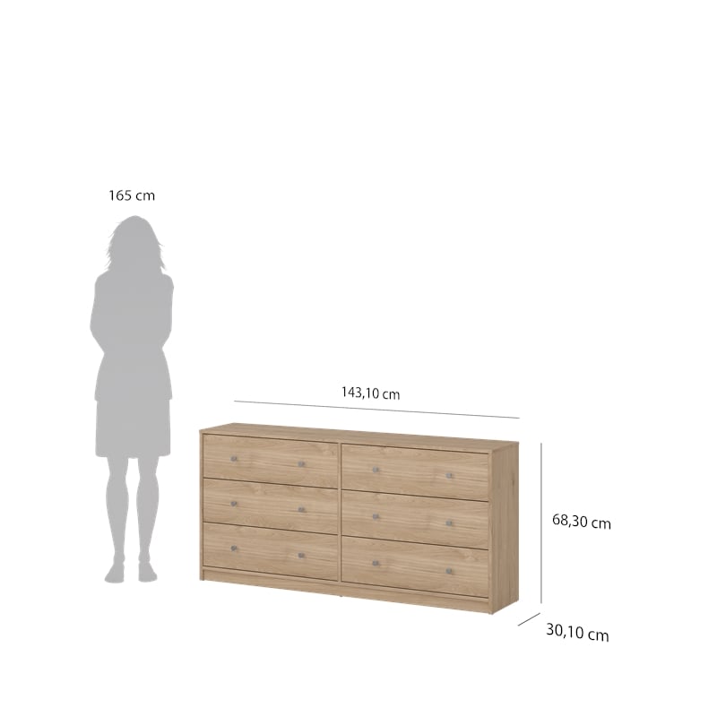 Tvilum Portland Contemporary 6 Drawer Double Dresser in Jackson Hickory