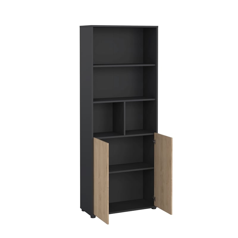 Tvilum Sign 6-Shelf Adjustable Home Office Bookcase with Doors in Black and Oak