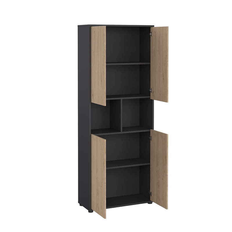 Tvilum Sign 6-Shelf Bookcase with Doors and Open Shelf Storage in Black and Oak