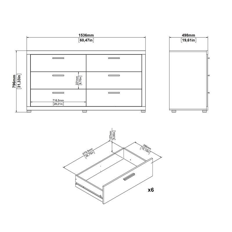 Tvilum Mira 6 Drawer Double Dresser Jackson Hickory