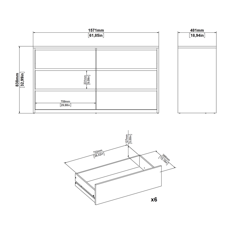Tvilum Next Jackson Hickory/White High Gloss  6 Drawer Double Dresser