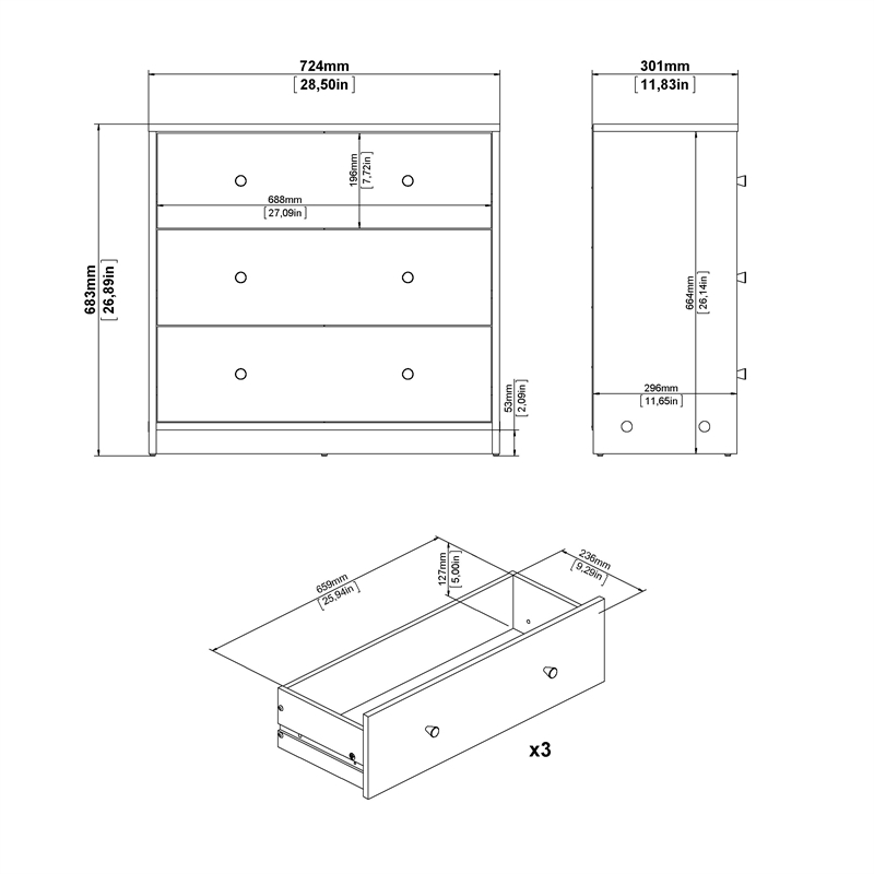 Tvilum Portland Black 3-Piece Bedroom Set - Nightstand And Chest Set Of 2
