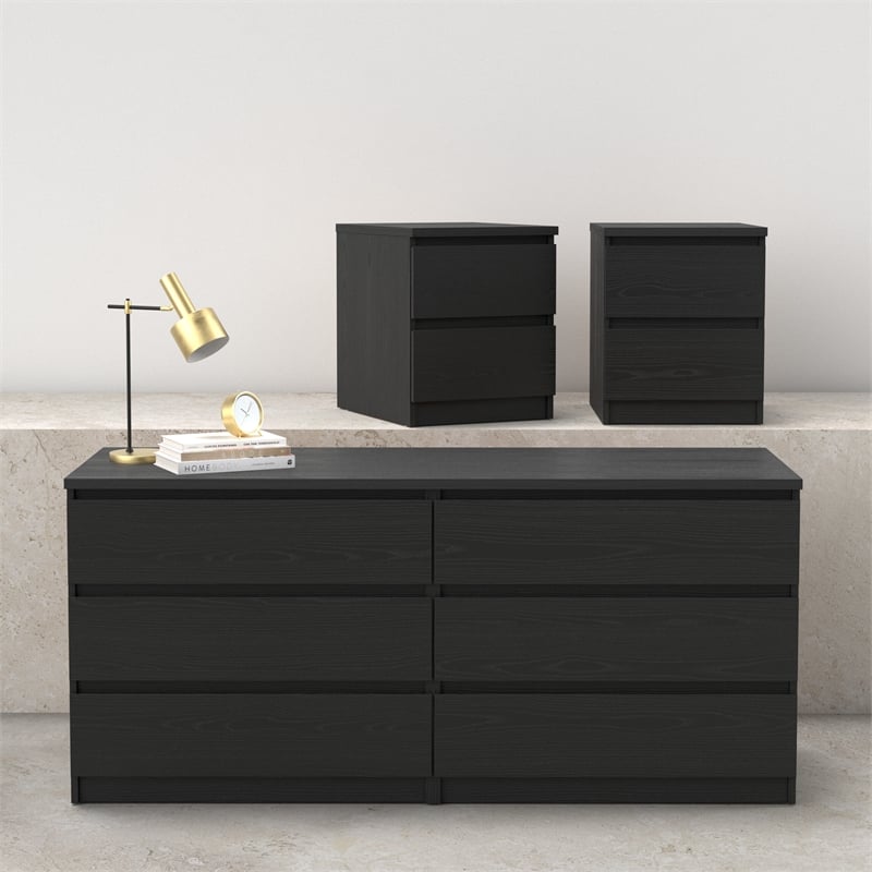 Tvilum Naia Black Woodgrain 3-Piece Bedroom Set- 6 Drawer Double Dresser & Nightstand Set Of 2