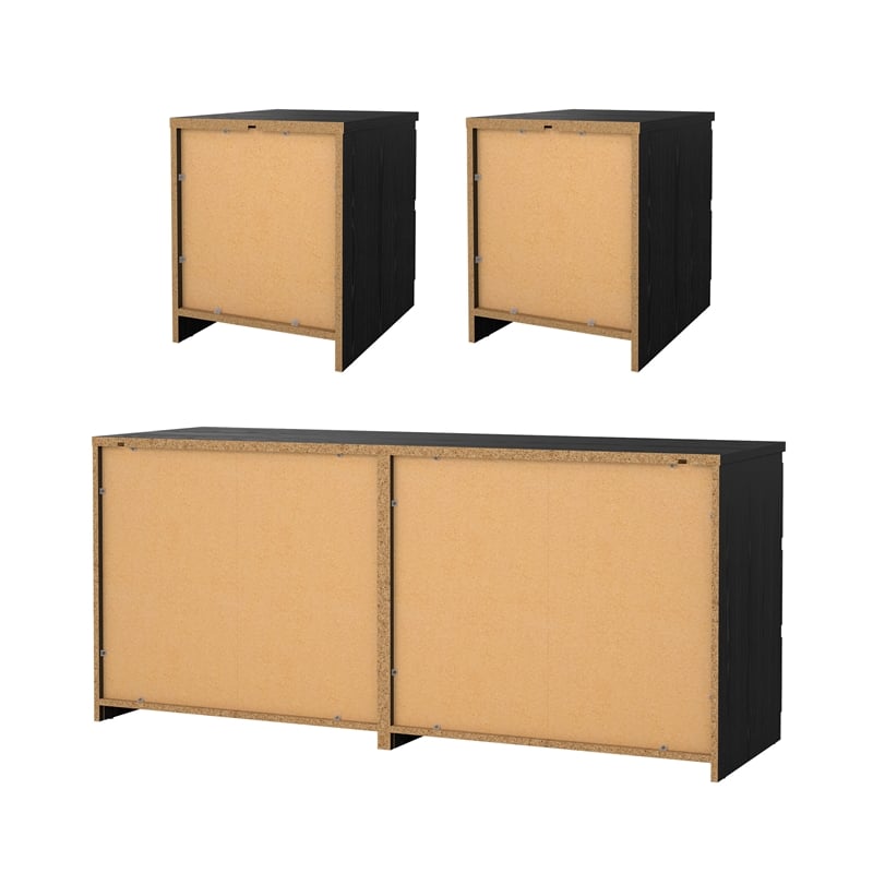 Tvilum Naia Black Woodgrain 3-Piece Bedroom Set- 6 Drawer Double Dresser & Nightstand Set Of 2