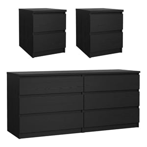 Tvilum Naia Black Woodgrain 3-Piece Bedroom Set- 6 Drawer Double Dresser & Nightstand Set Of 2