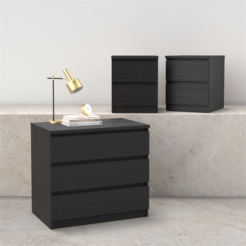 Tvilum Naia Black Woodgrain 3-Piece Bedroom Set - Chest And Nightstand Set Of 2
