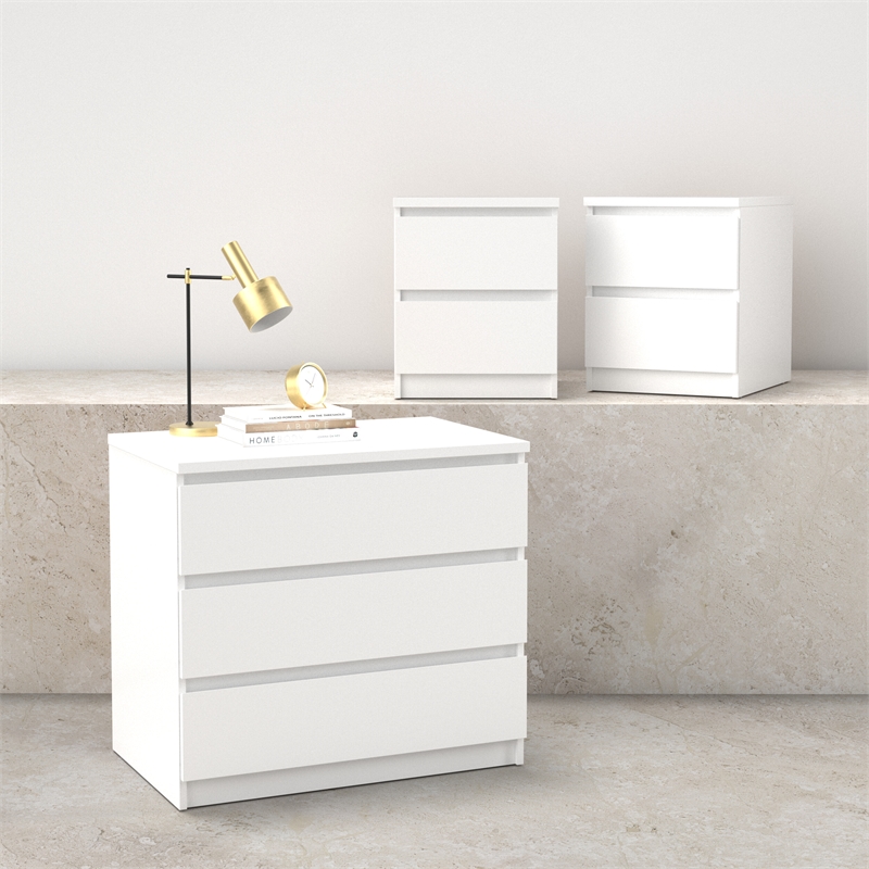Tvilum Naia White High Gloss 3-Piece Bedroom Set - Chest And Nightstand Set Of 2