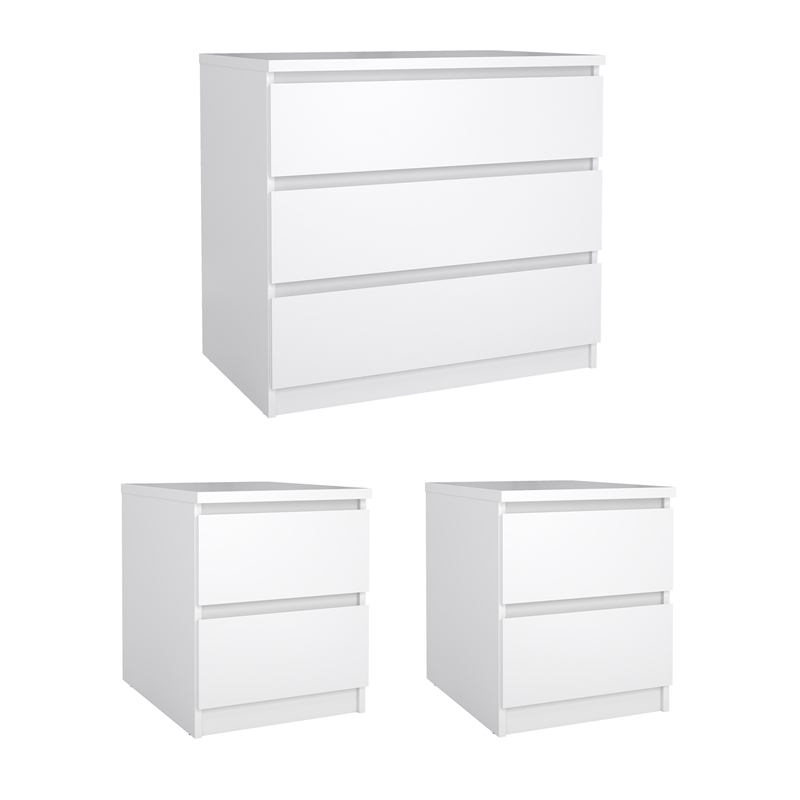 Tvilum Naia White High Gloss 3-Piece Bedroom Set - Chest And Nightstand Set Of 2