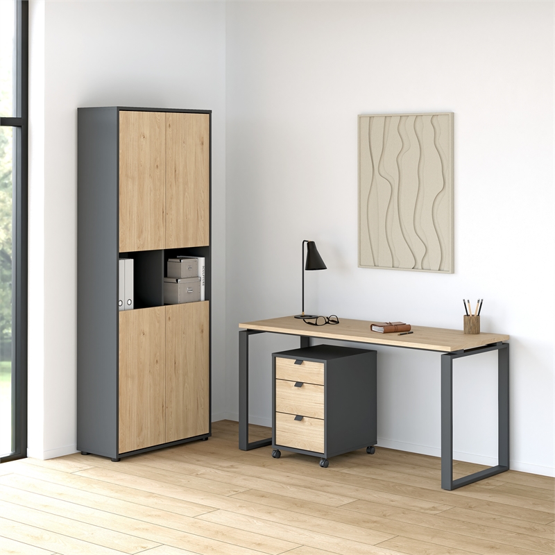 Tvilum 3-Piece Engineered Wood Home Office Set in Matte Grey and Oak