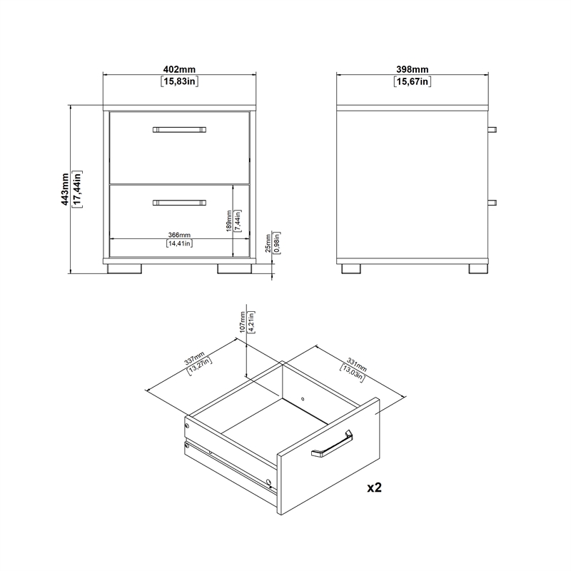 Tvilum Sofia 2 Drawer Engineered Wood Nightstand in White - Set of 2
