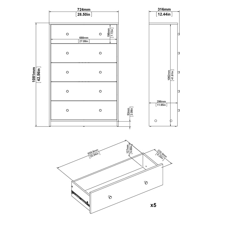 Tvilum Portland 5 Drawer Chest in Black