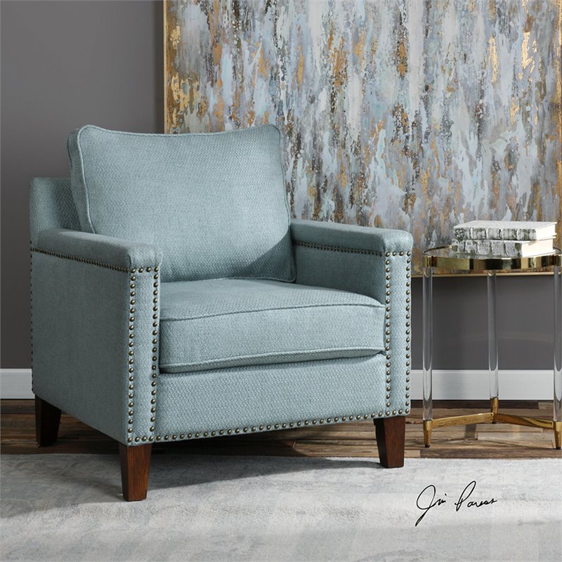 Uttermost Charlotta Coastal Wood and Fabric Accent Chair in Blue/Brass/Walnut