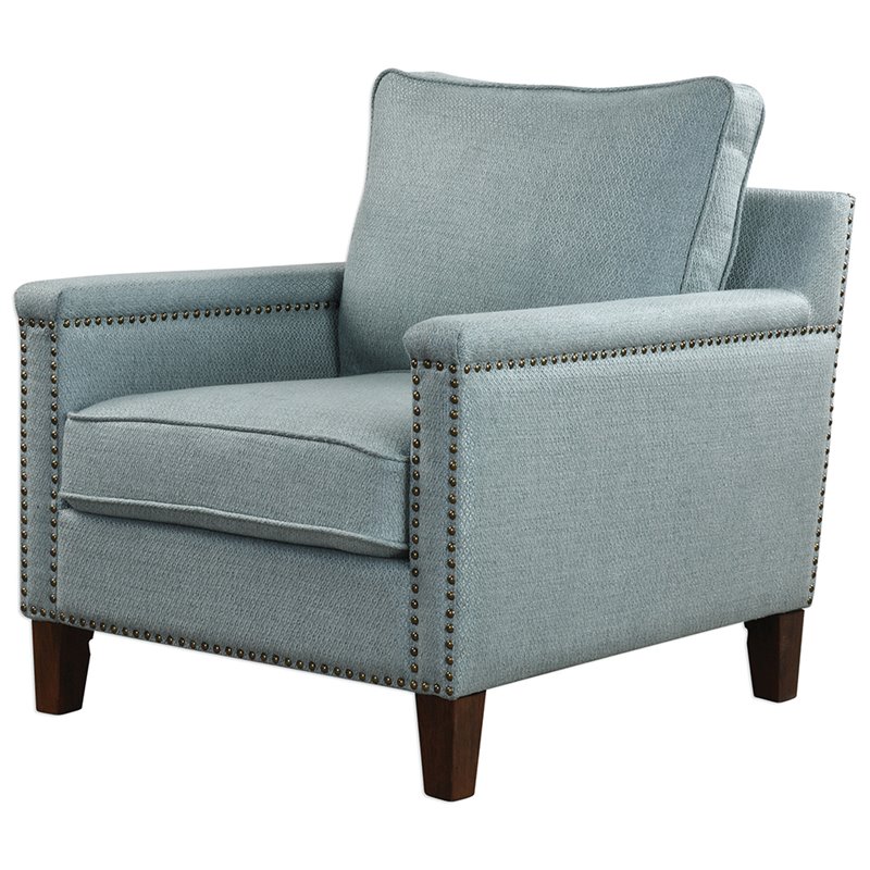 Uttermost Charlotta Coastal Wood and Fabric Accent Chair in Blue/Brass/Walnut