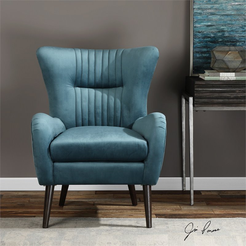 Uttermost Dax Wood and Fabric Accent Chair in Teal Blue and Black