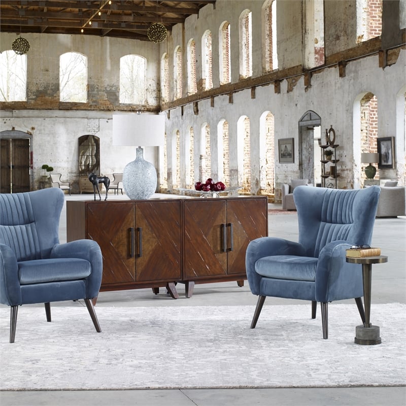 Uttermost Dax Wood and Fabric Accent Chair in Teal Blue and Black