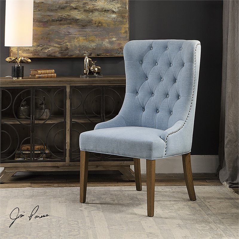 Uttermost Rioni Wood and Fabric Tufted Accent Chair in Slate Blue/Bronze