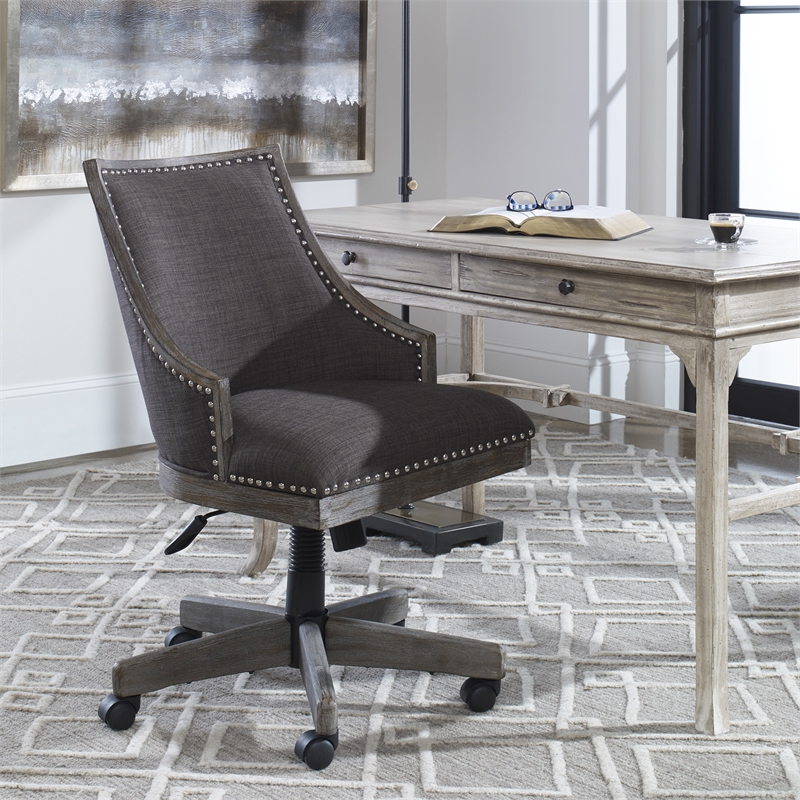 Uttermost Aidrian Metal and Wood Swivel Desk Chair in Nickel and Gray