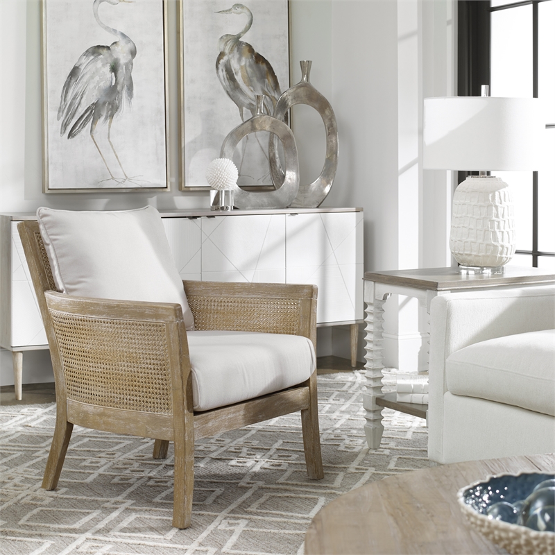 Uttermost Encore Wood Rattan Metal and Fabric Arm Chair in Off White