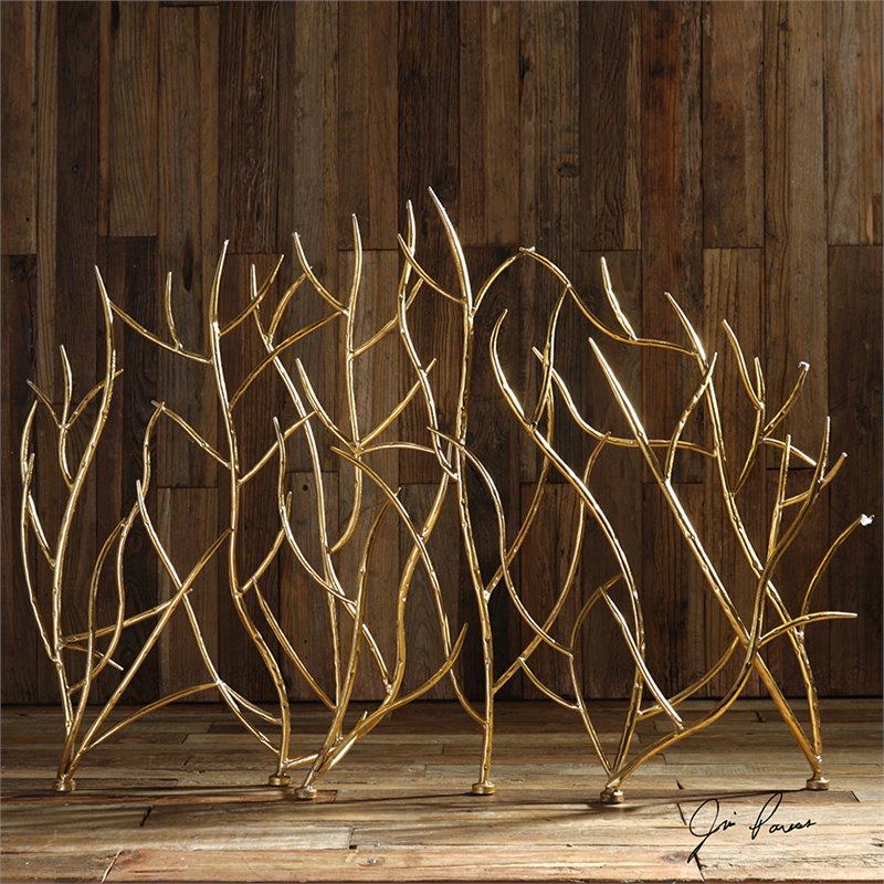 Uttermost Branches Coastal Iron Metal Decorative Fireplace Screen in Gold