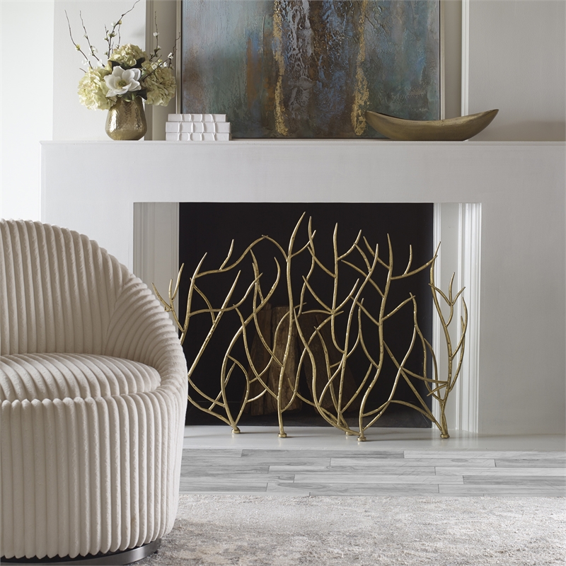 Uttermost Branches Coastal Iron Metal Decorative Fireplace Screen in Gold