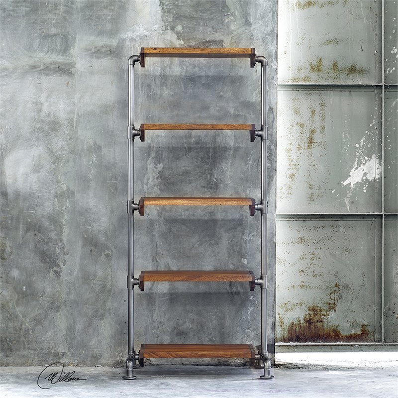 Uttermost Rhordyn 4-Shelf Wood and Metal Bookcase in Walnut and Gunmetal