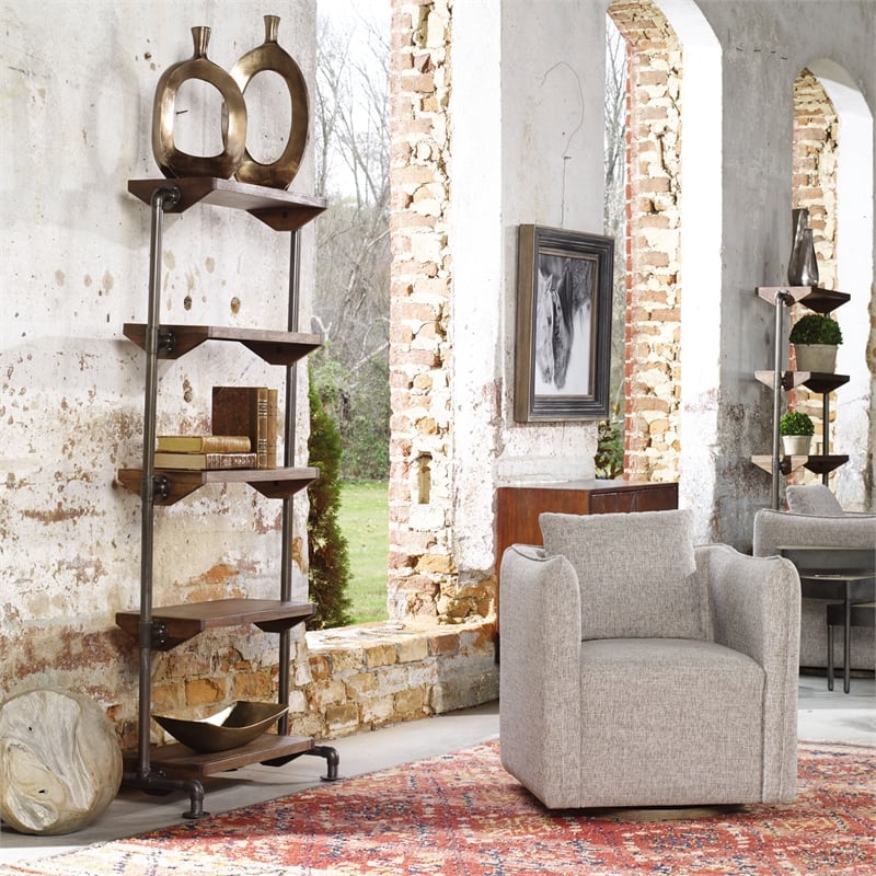 Uttermost Rhordyn 4-Shelf Wood and Metal Bookcase in Walnut and Gunmetal