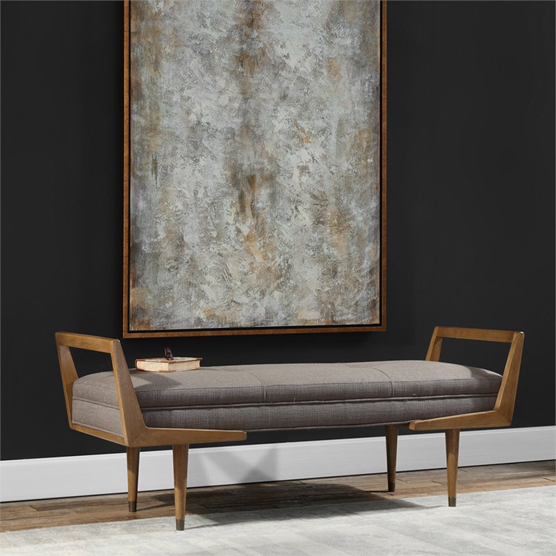 Uttermost Waylon Wood Metal and Fabric Tufted Bench in Taupe and Oak